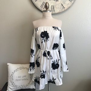 Off Shoulder black and white Floral Mini Dress with bell sleeves